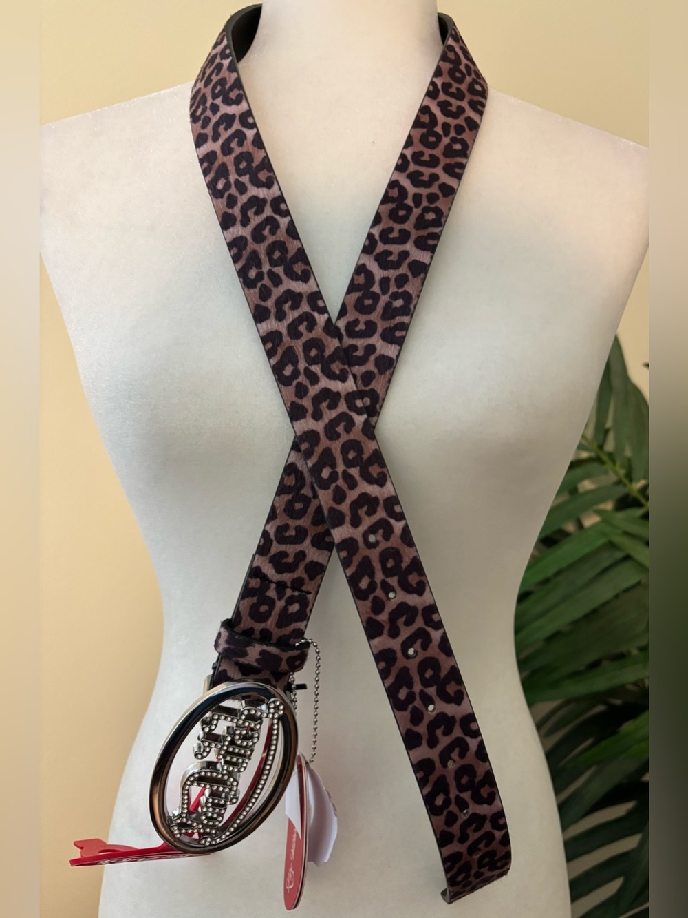 Von Dutch Leopard Print Belt with Decorative Charm - Brown